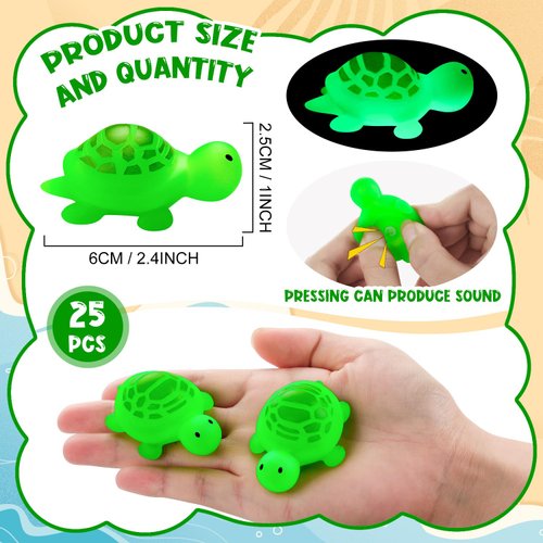 25PCS Rubber Turtle Bath Toys Glow in The Dark Green Floating Squeaky Sea Turtle Rubbe Toys, Cute Screaming Sound Rubber Turtle Bulk for Bath Shower Swimming Pool Birthday Beach Decor