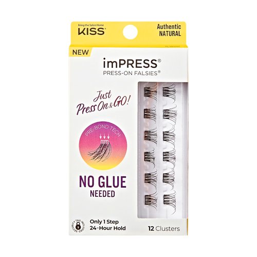 KISS imPRESS False Eyelashes, Lash Clusters, Falsies, Authentic Natural', 12mm-14mm, Includes 12 pieces of pre-bonded lashes, Contact Lens Friendly, Easy to Apply, Reusable Strip Lashes
