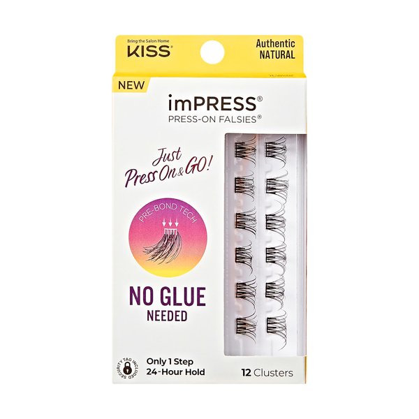 KISS imPRESS False Eyelashes, Lash Clusters, Falsies, Authentic Natural', 12mm-14mm, Includes 12 pieces of pre-bonded lashes, Contact Lens Friendly, Easy to Apply, Reusable Strip Lashes