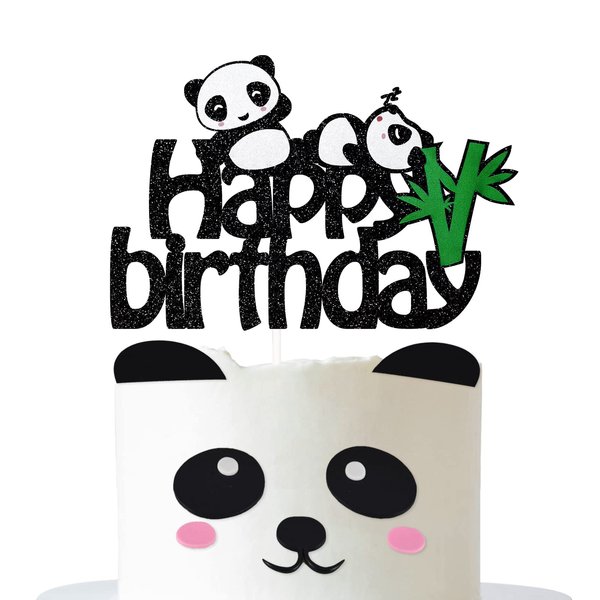 Panda Happy Birthday Cake Topper, Bday Party Decorations Supplies for Kids, Baby Shower Cake Decor, Bamboo Sign, Double-sided Glitter, No-shedding, Pre-assembled