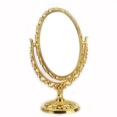 Guppy Desktop Antique Vintage European Style Two Sided Swivel Oval Tabletop Vanity Makeup Mirror with Embossed Hollow Flower Shiny Pedestal(Gold)