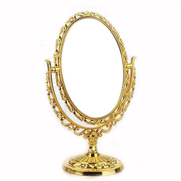 Guppy Desktop Antique Vintage European Style Two Sided Swivel Oval Tabletop Vanity Makeup Mirror with Embossed Hollow Flower Shiny Pedestal(Gold)