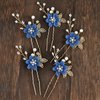 Bridal Hair Combs, 5PCS Wedding Hair Pins Set Crystal Flower Hair Clips Bride Bridesmaid Hair Sides Comb Rhinestone Barrettes, Pearl Flower Hair Pins Hair Accessories for Women Girls (Blue)