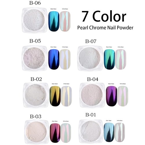 7 Colors Pearl Chrome Nail Powder Iridescent Aurora Powder Metallic Mirror Effect Glitter Powder Pearlescent Ice Transparent Mermaid Pigment Dust for Gel Polish Nail Art Decoration