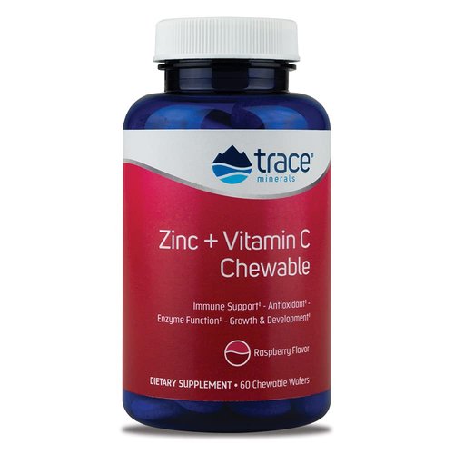 Trace Minerals | Zinc + Vitamin C Chewable | Immune Support, Antioxidant, Enzyme Function, Growth & Development | Gummy | Raspberry | 60 Chewable Wafers