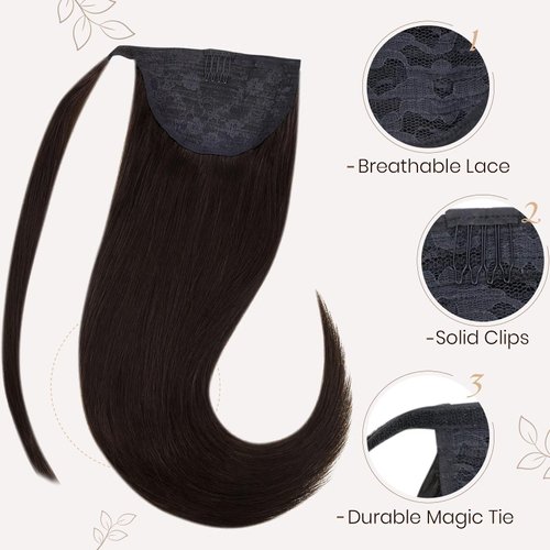 Hetto Brown Ponytail Hair Extensions Human Hair 20 Inch 100g Wrap Around Ponytail Extensions Real Hair #2 Darkest Brown Clip in Ponytail Human Hair
