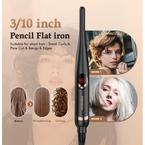 Small Flat Iron, 3/10" Pencil Flat Iron for Short Hair, Pixie Cut and Bangs, Negative Ions Small Hair Straightener for Edges with 10th Adjustable Temper. Auto Shut Off