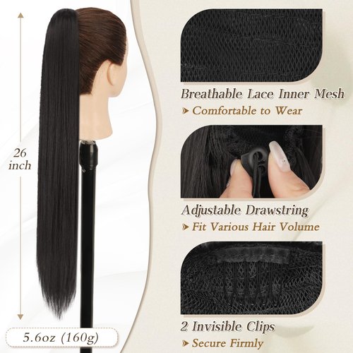 BARSDAR Long Straight Ponytail Extension - 26 Inch Drawstring Black Ponytail Hair Extensions Synthetic Fake Pony Tails Hairpieces Clip in Ponytails for Women Girls Daily - Natural Black