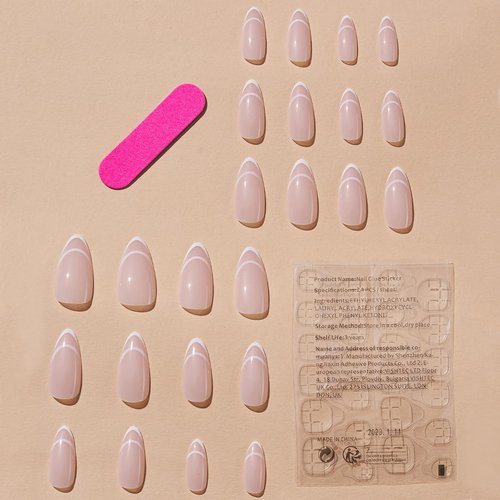 AkiliBIELY French Tip Press on Nails Almond Short White Pink Curve Fake Nails Women Cute Glue on Nails Acrylic Gel Fantasy Stick on Nails Classy False Nails For Wedding Birthday