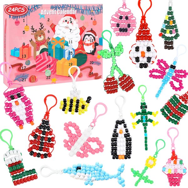 24PCS Christmas Beads Pets Advent Calendar 2024,Pony Beads Animals Keychain Making Kit with Instruction,Snowman Christmas Tree Christmas Hat Ultimate 9mm Beads DIY Art Crafts for Beginners