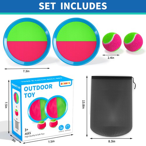 Bennol Toss and Catch Ball Game Outdoor Toys for Kids with 2 Paddle, 2 Balls and A Storage Bag,Outdoor Outside Games Toys for Kids Ages 3 4 5 6 7 8 9 10, Yard Backyard Games Beach Toys Outside Games