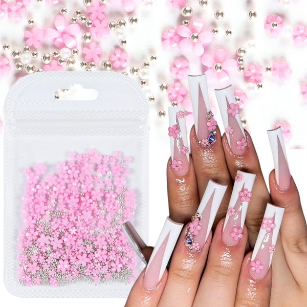 200Pcs 3D Pink Acrylic Flowers with Silver Beads Nail Rhinestones Nail Art Charms Design Decorative Supplies with Silver Beads Mixed Blossom Size Metal Beads Nail for Women and Girls