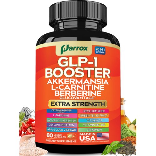 Parrox GLP-1 Booster Supplement with Akkermansia, L-Carnitine, Berberine (GlucoVantage), Chromium, Capsimax, Psyllium Husk, Probiotics & Vitamins D3, B6, B12, 20-in-1 Plant-Based Formula (60 Caps)