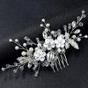 CASOLVX Bridal Pearl Hair Comb Silver Handmade flower edging wedding bridal hair accessories for bridal and bridesmaid