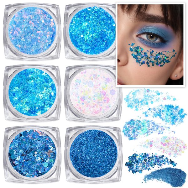 Teenitor Body and Face Glitter, Blue Body Glitter Gel, 6 Shapes Makeup Glitter for Face, Body, Hair