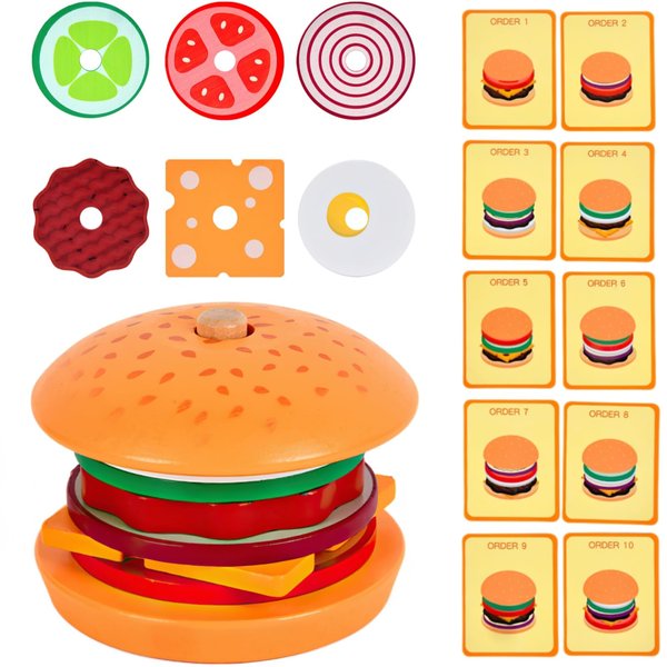 Wooden Burger Stacking Toys for Kids, Play Fake Food Toy for Toddlers, Montessori Toys for 3 Year Old, Preschool Educational Toys to Develop Fine Motor Skills (Burger)