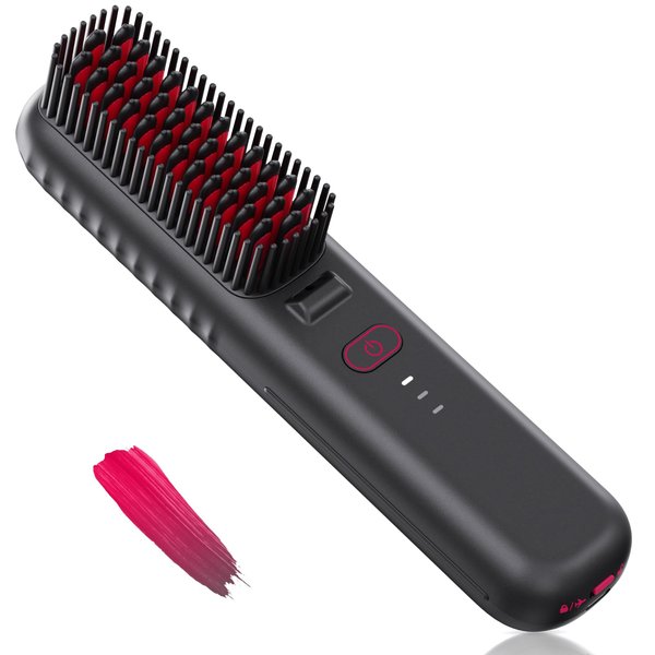 DALEEMIO Cordless Hair Straightener Brush, Portable Mini Straightening Brush for Travel, Negative Ion Hot Comb Hair Straightener for Women, Rose Red