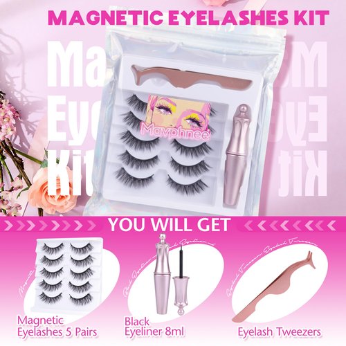 Magnetic Eyelashes with Eyeliner 5 Pairs Eyelashes Natural Look Cat Eye Lashes Magnetic Lashes with Applicator and Magnetic Eyeliner Waterproof Reusble Lashes Kit by Mavphnee