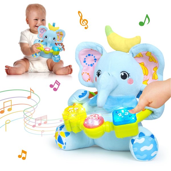 Ryotagift Baby Bilingual Musical Elephant Stuffed Animals Toys,Infant Early Learning Toys with Light-Up Music & Crinkle,Tummy Time Toys for 0 3 6 9 12+ Months for Baby Boy Girl Gift,Blue