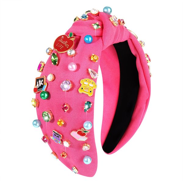 Rhinestone Pearl Back to School Hot Pink Headband Hair Accessories Teacher Apple Teacher Charm Jeweled Embellished Hairband Fashion Wide Top Knot Headband Teacher Gifts Bulk Back to School Jewelry