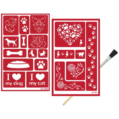 2 Etching Stencils Reusable Template - Kitty Stencils for Painting, Crafting - Kitty Cat Etch Stencil, Puppies, Cat Paw Print Theme - Self Stick Stencil Set with Brush