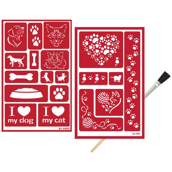 2 Etching Stencils Reusable Template - Kitty Stencils for Painting, Crafting - Kitty Cat Etch Stencil, Puppies, Cat Paw Print Theme - Self Stick Stencil Set with Brush