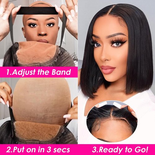 Wear and Go Glueless Bob Wig Human Hair Pre Plucked Pre Cut 4X4 HD Lace Closure Bob Wigs Human Hair For Black Women Straight Short Bob Wigs Human Hair Glueless For Beginners 180% Density 12 inch