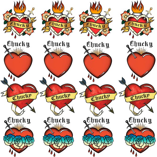 GOROMON 16 PCS Bride of Chucky Tattoo Heart, Halloween Temporary Tattoos Stickers For Women Men, Fake Halloween Makeup Kit Party Favor Supplies Chucky Heart Tattoos Costume Accessories