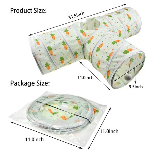 Vehomy Bunny Rabbit Tunnels Rabbit Cat 3 Way Collapsible Tunnel with Cute Carrot Patterns Small Pet Hideout Activity Tunnel Tube Toy for Bunny Kitten Cat Dwarf Guinea Pig T Shape
