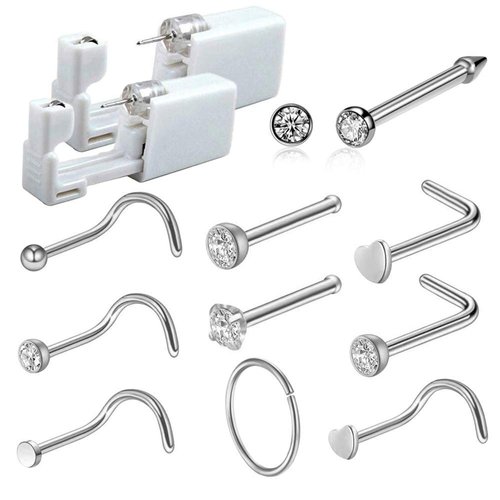 VANANA Nose Piercing Kit Disposable Safety Nose Piercing Gun Tools with 10 pcs Nose Studs for Women Man Girls Boys Unisex (12PCS nose piercing kit)