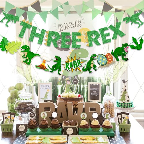 Three Rex Birthday Party Decorations-Green Glittery Three Rex Banner and Dinosaur Theme Garland 3rd Birthday Party Supplies for Boys Girls