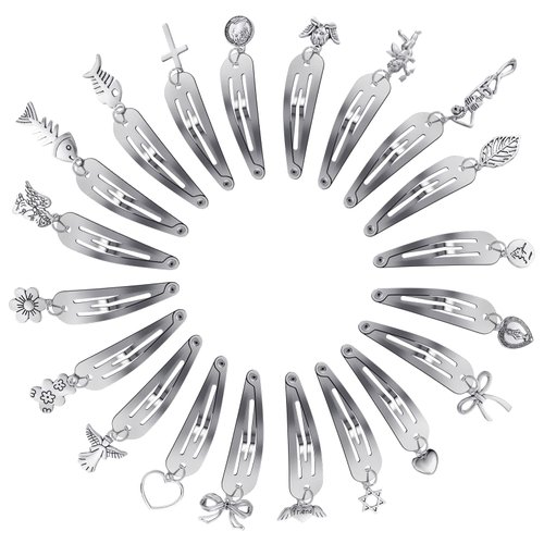 Jexine 20 Pcs Snap Hair Clips for Women & Girls, Silver, 2 Inch, Heart, Star, Cross, Hair Accessories