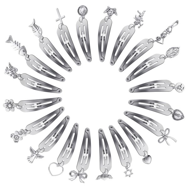 Jexine 20 Pcs Snap Hair Clips for Women & Girls, Silver, 2 Inch, Heart, Star, Cross, Hair Accessories