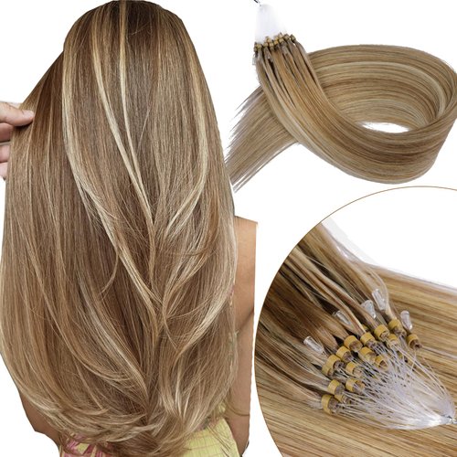 KiiKiiGirl Virgin Microlink Hair Extensions - Human Hair,16inch Micro link Hair Extensions Human Hair Micro Beads Hair Extensions Human Hair Chocolate Brown to Caramel Blonde 30G/Pack