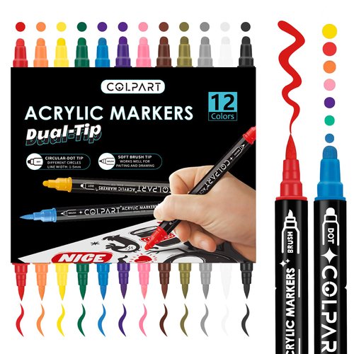 colpart 12 Colors Dual Tip Acrylic Paint Pens Markers，Premium Acrylic Paint Pens for Rock Painting,Wood,Canvas,Stone,Brush Tip Acrylic Paint Markers For DIY Crafts Art Supplies Christmas Gift