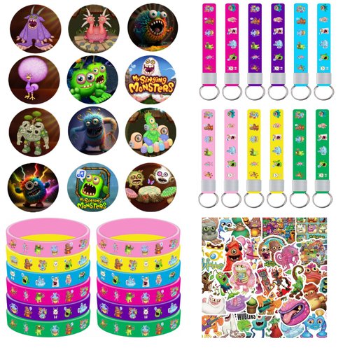 MVMVMVV Monster Party Favors Monster Party Supplies Include 12 Bracelets-50 Stickers-12 Button Pins-12 Keychain for Monster Party Decorations…