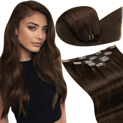 LaaVoo Hair Extensions Clip ins Human Hair Brown Clip in Extensions Real Human Hair Dark Brown Hair Extensions Real Human Hair Clip in for Short Hair Double Weft 12 Inch 5pcs 80g
