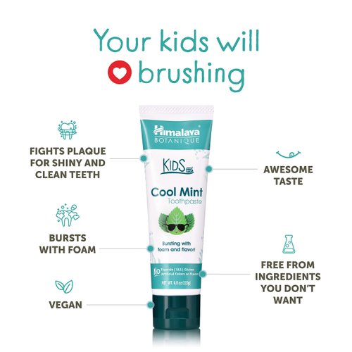 Himalaya Botanique Kids Toothpaste, Herbal, Cool Mint Flavor, Fights Plaque, Fluoride Free, Gentle, No Artificial Flavors or Colors, SLS Free, Gluten Free, Cruelty Free, Vegan, Foaming, 4 Oz, 2 Pack
