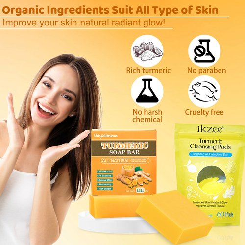Umpeimvon 2 Pack Turmeric Soap Bar for Face 60 Pads Turmeric Exfoliating Pads, Turmeric Face Soap Vitamin B5 Lemon Turmeric Pads for Face and Body, Cleanse and Moisturize Acne and Scars