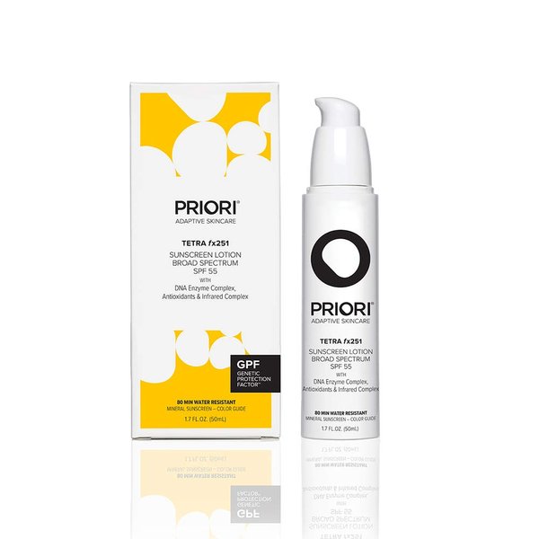 Priori Skincare Tetra Sunscreen Lotion Broad Spectrum SPF 55 Universal Skin Tint, Zinc Oxide Facial Sunscreen, Blue Light Protection, Antioxidant, Matte Finish 1.7 fl oz
