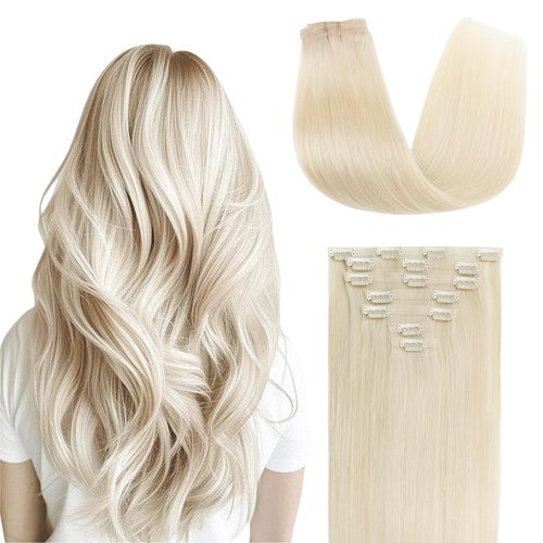 FUOTONBUTY Clip in Hair Real Human Hair Double Stitched 7pcs, Platinum Blonde Human Hair Clip in Extension, Seamless Clip in Hair Extensions 90g, Invisible Clip in Hair Extensions 18 Inch