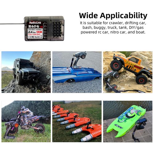 Radiolink R6FG 6 Channels 2.4GHz RC Receiver with Gyro, Surface Long Range Control RX for Vehicle Drifting/Crawler/Truck/Boat Works with Radio Controller RC4GS V3/RC6GS V3/RC4GS V2/RC6GS V2/T8FB/T8S