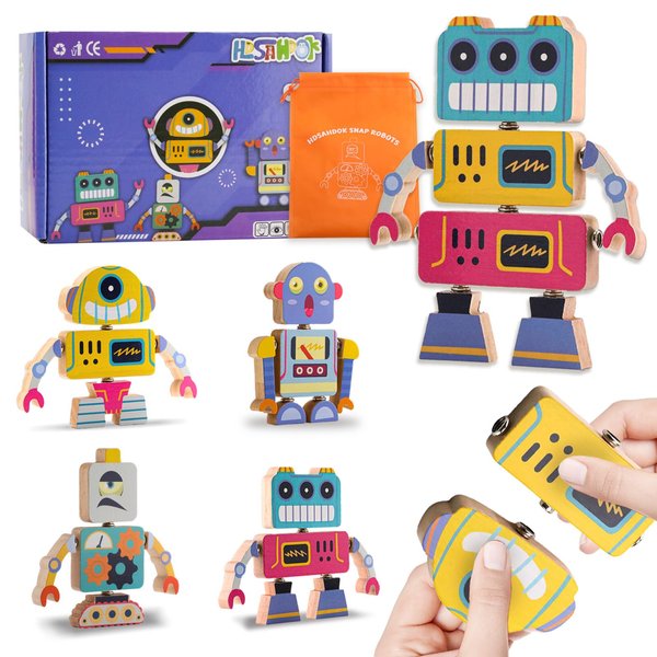 Hdsahdok Wooden Snap Together Stacking Robot Toys, STEM Building Block Toy for Kids, Montessori Educational Fine Motor Skill Toy, Take Apart Toy Set for Boys and Girls Ages 3-5