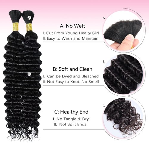 Human Braiding Hair Deep Wave Bulk Human Hair for Braiding No Weft Bundle 16 Inch Curly Human Hair Extensions for Boho Braids (2Bundles/Pack) Wet and Wavy Human Braiding Hair (1B-Deep, 16-100g)