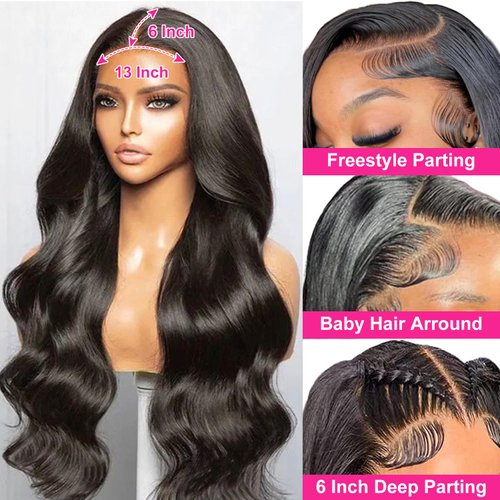 DACHIC 250% Density 13x6 Body Wave HD Lace Front Wigs Human Hair Pre Plucked Glueless Human Hair Lace Front Wigs Body Wave Frontal Wigs Human hair Natural Color with Baby Hair Free Part 28 Inch