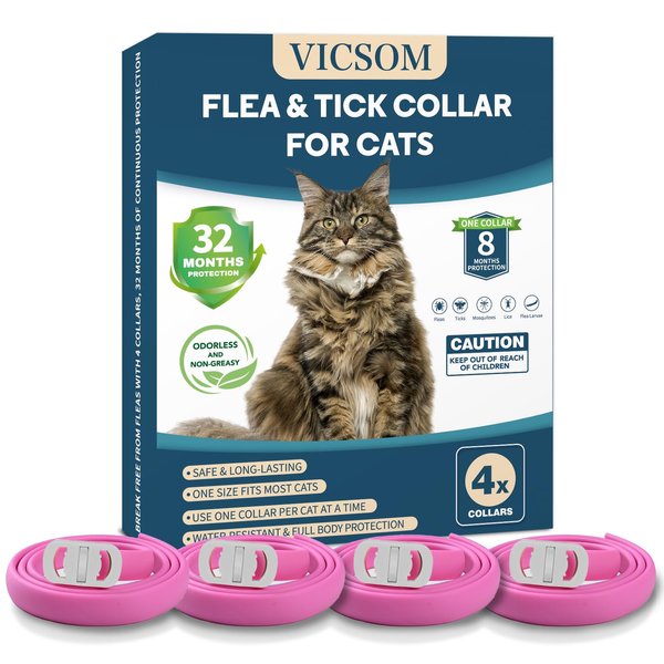 VICSOM 4 Pack Cat Flea Collar - Adjustable, Waterproof Flea and Tick Prevention for Cats and Kittens - 32 Months Protection - Flea and Tick Treatment - Pink