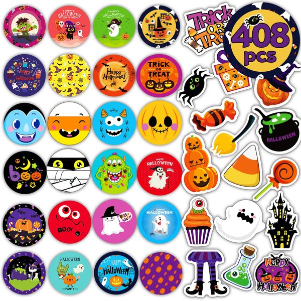 Funnlot Halloween Sticker Sheets 32 Sheets Round Halloween Stickers for Kids Halloween Stickers Trick Or Treat Stickers for Treat Bag Halloween Party Decors