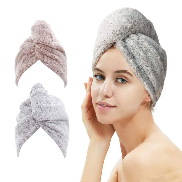 M-bestl 2 Pack Hair Towel Wrap,Rapid Carbon Fiber Hair Drying Towel with Buttons, Microfiber Hair Towel for Drying Curly Hair,Anti-frizz (Star Gray&Star Pink)