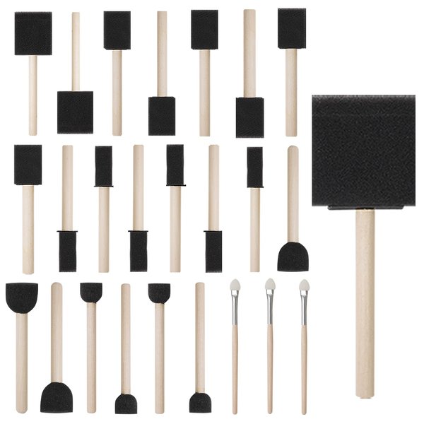 conda 25 Pack Different Size Assorted Foam Brush Set Wood Handle Paint Brush Set
