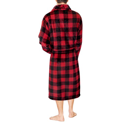 Mens Fleece Plaid Robe - Soft, Warm, Long Bathrobe with Shawl Collar and Pockets